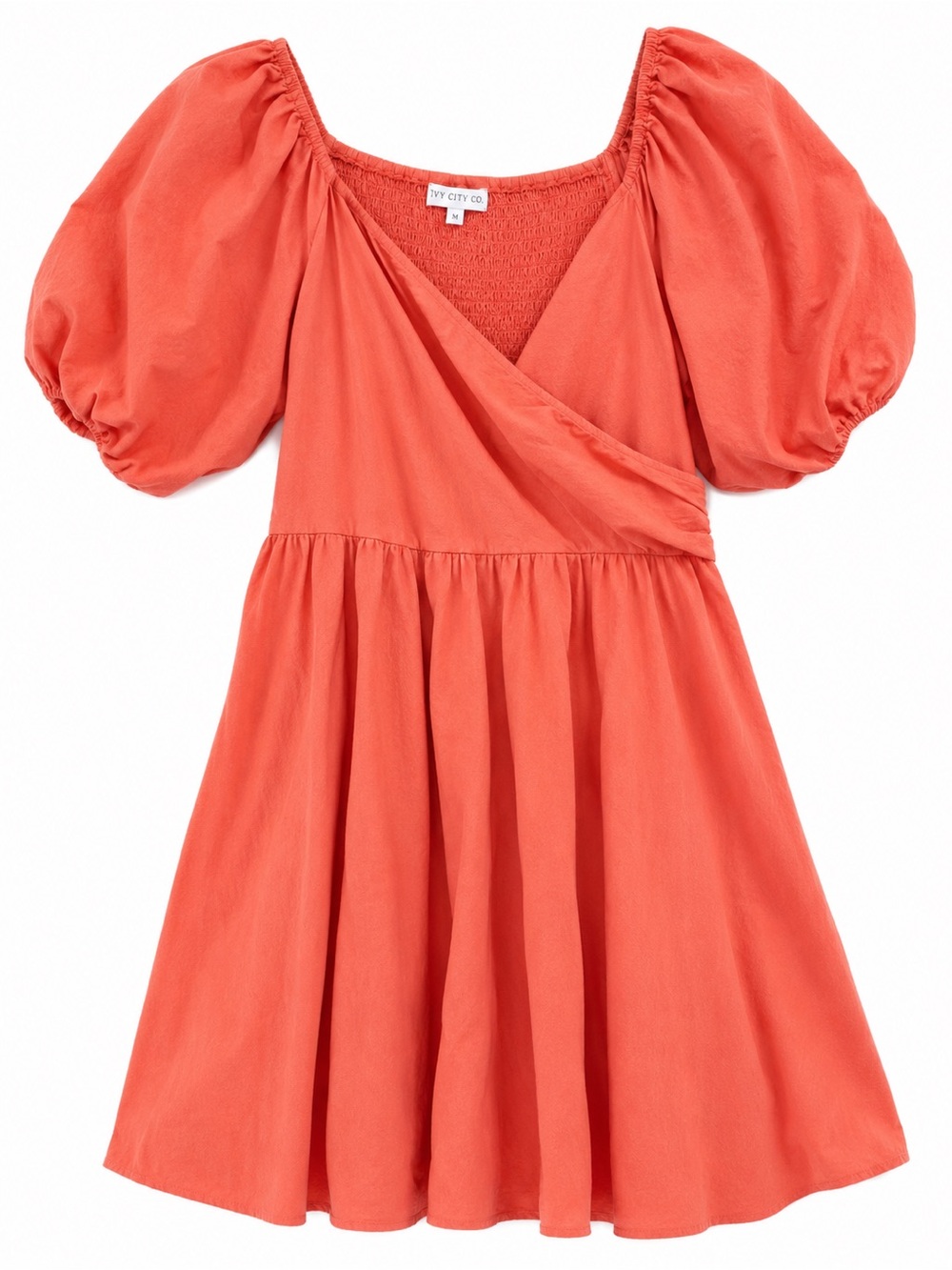 Ivy City Co Coral Orange 100% Cotton Puff Sleeve Smocked Mini Dress M